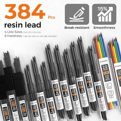 35Pcs Art Mechanical Pencil Set with Case, 0.5 0.7 0.9 2.0 Graphite Metal Drawing Drafting Pencils, Sharpener Erasers 384PCS Lead Refills (6B 4B 2B HB 2H 4H Colors)Pencils for Writing Sketching,Silver