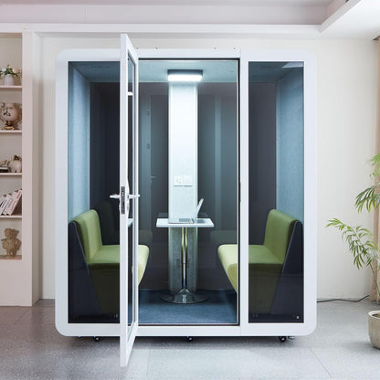 GEARONIC Mobile Office Pod Booth, Sound Proof Office Pod Booth with Mobile Roller, Larger Space for 2-4 People, LED Lighting System,Fans and AC USB Ports（White-Grey）