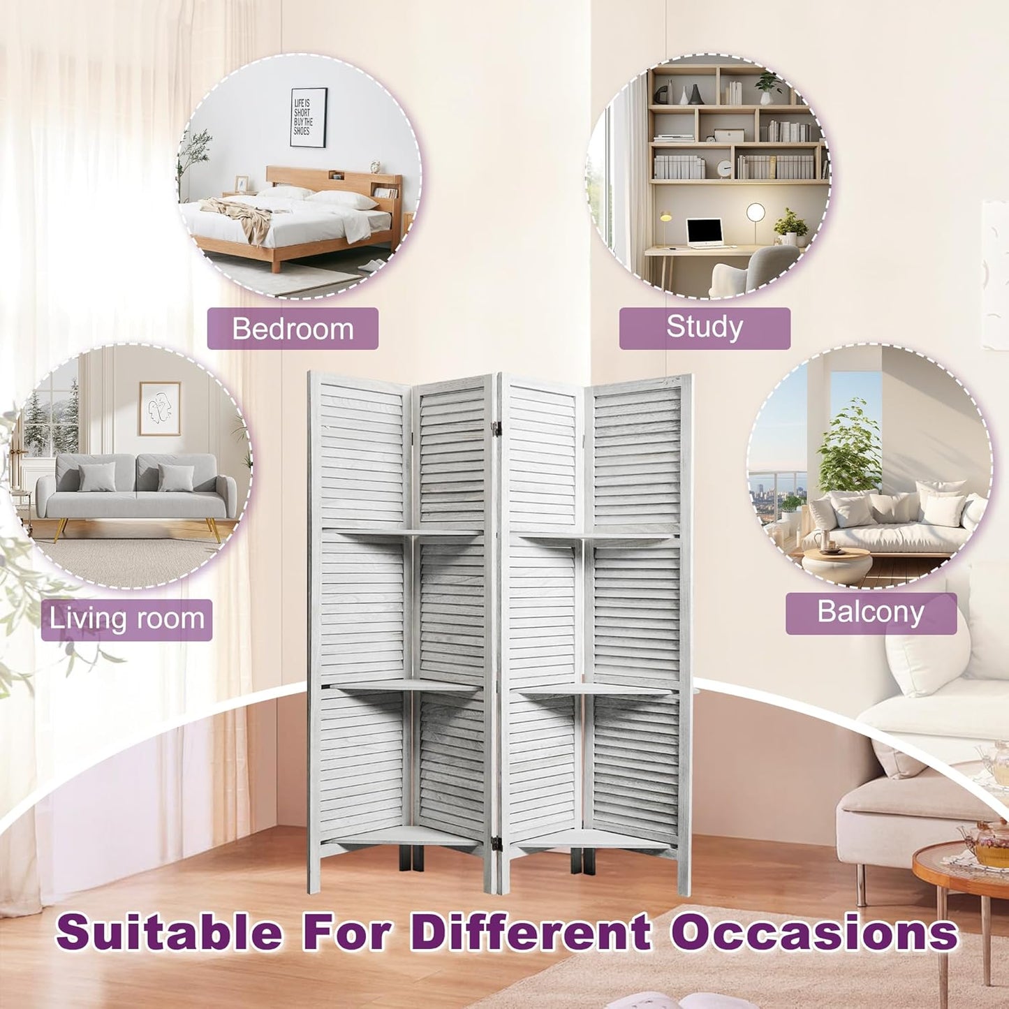 Room Divider with Shelves, 5.6FT Folding Room Divider Panel, 4 Panel Wood Partition Wall Divider for Room Separation, White
