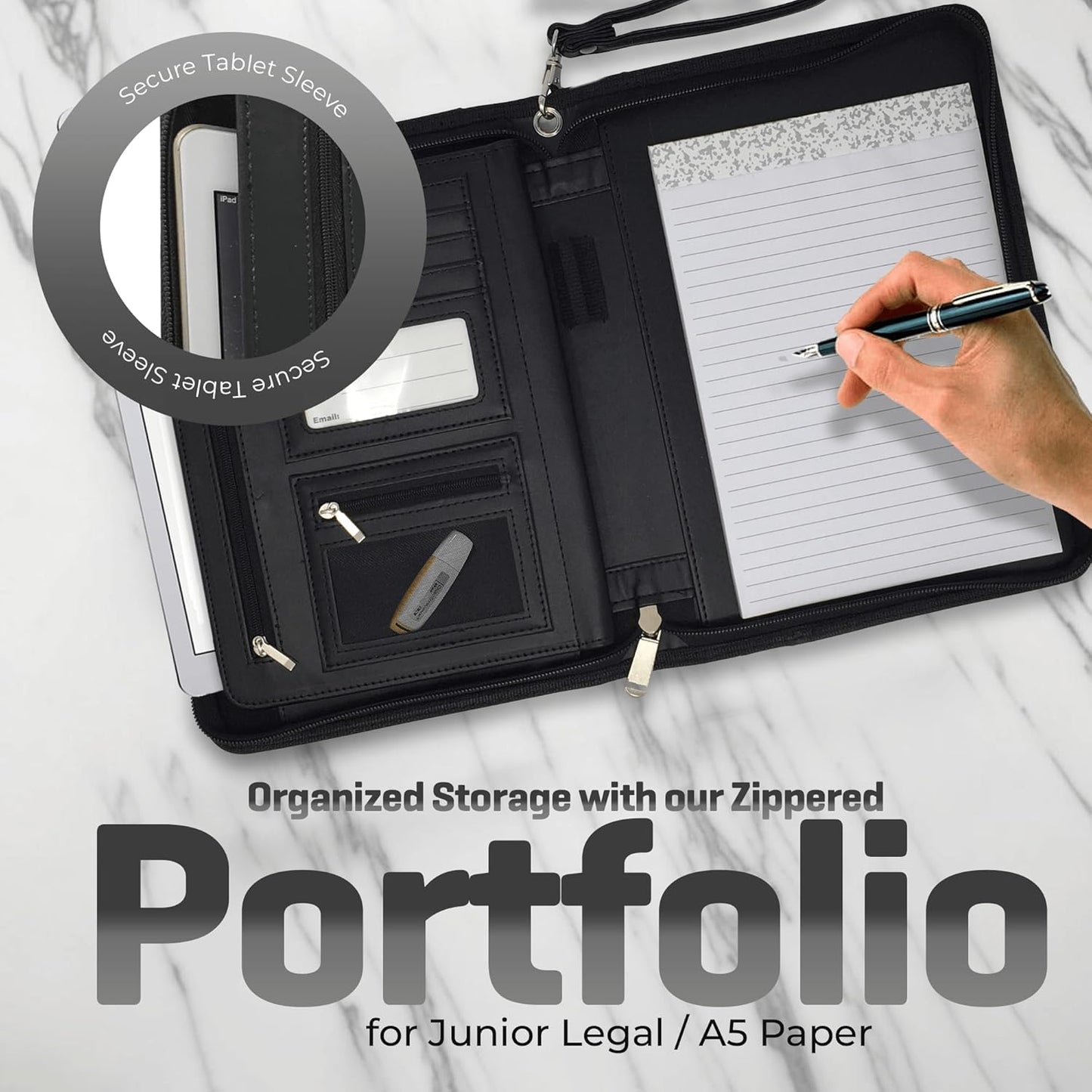 Zippered Leather Portfolio Binder with Junior Legal 5x8 Notepad - Black PU Leather Business Padfolio Organizer Folder with 8 Inch Tablet Sleeve & Gift Box by Lautus Designs