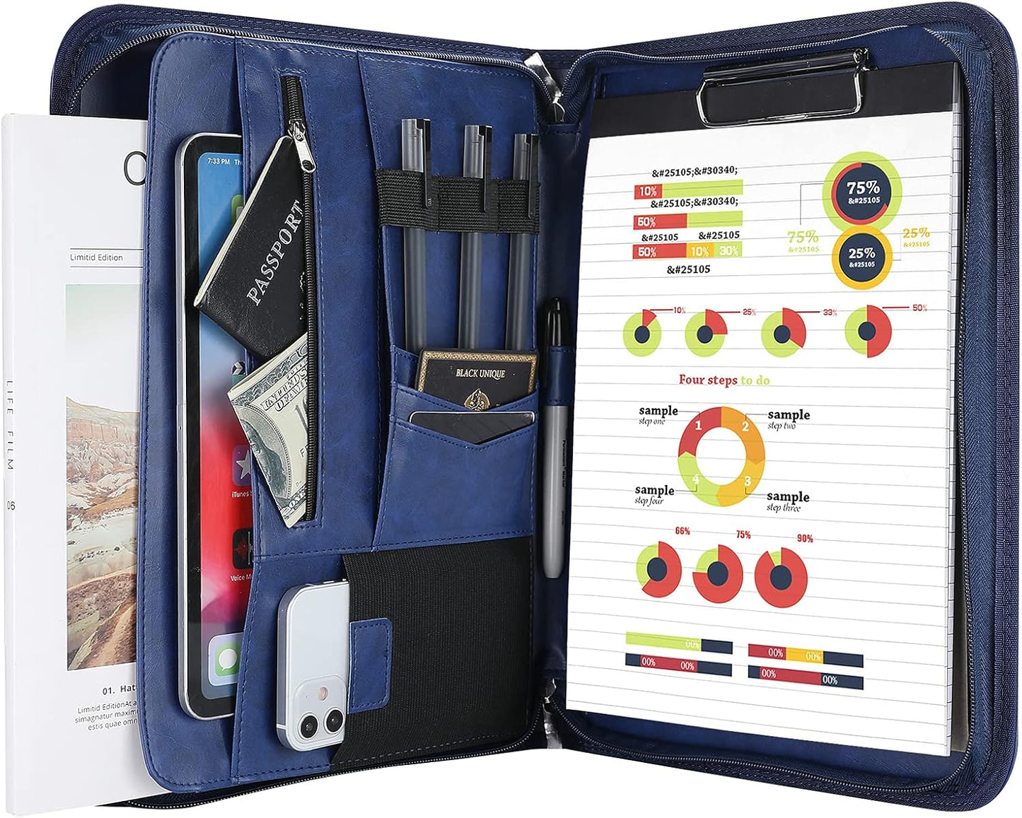 ProCase Portfolio Business Padfolio Folder with Zipper, Conference Meeting Executive File Legal Document Organizer with Pockets Letter Size A4 Writing Pad Notepad Padfolio -Navy