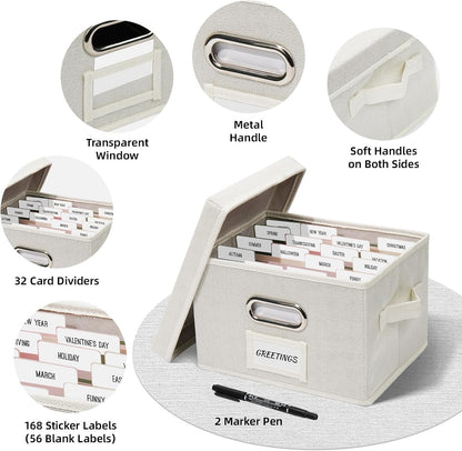 Greeting Card Storage Box, Linen Storage Box with 32 Adjustable Dividers, 168 Labels, 2 Marker Pen, Perfect for Organizing Greeting Cards, Envelopes, Photos 2 Pack Ivory