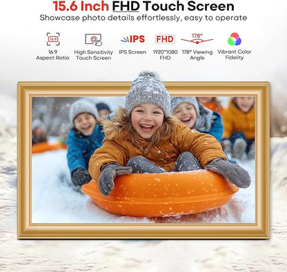64GB 15.6" Frameo Digital Picture Frame WiFi, Large Electronic Photo Frames Golden 1920 x 1080 IPS FHD Touch Screen, Send Photos from Your Phone from Anywhere, Best Gifts for Family and Friends