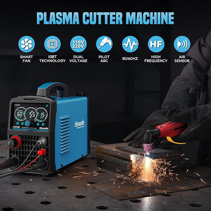 Plasma Cutter with Large LED Display, [Non-Touch Pilot Arc] [Air Sensor] hynade 55A Plasma Cutter Machine 110/220V Dual Voltage, IGBT Inverter, 1/2'' Clean Cut, 2T/4T for Beginners DIY(User Manual)