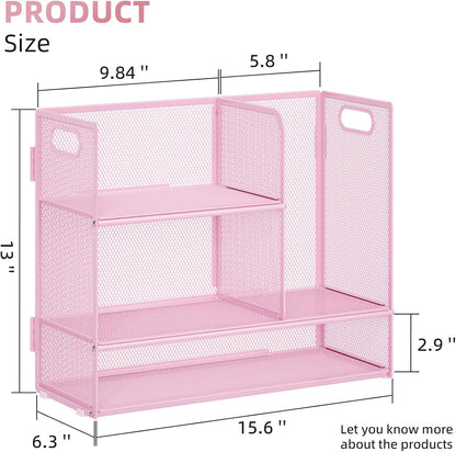 Marbrasse 3-Tier Desk Shelf Organizer with Handle, Desktop Bookshelf File Holder, Mesh Display Shelf Organizer Storage Rack for Office, Home, Supplies, Kitchen (Pink)