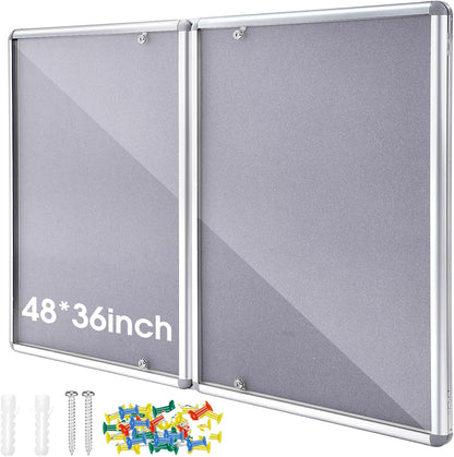 Enclosed Bulletin Board 48" x 36" Weather Resistant Lockable Notice Cork Display Board Wall Mounted 2 Locking Door for School Classroom Commercial Back to School, 12 x A4(Gray, Silver Frame)