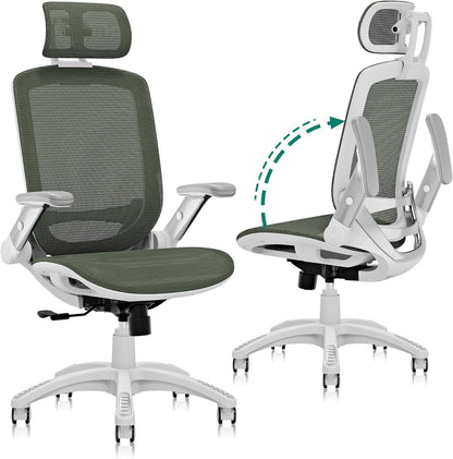 GABRYLLY Ergonomic Office Chair, High Back Home Desk Chair with Headrest, Flip-Up Arms, 90-120° Tilt Lock and Wide Cushion, 400LBS Mesh Chairs for Man Woman, White Task Chair(Olive Green,GY01WOG)