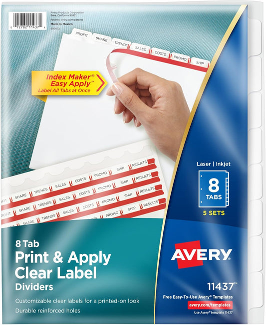 Avery 8 Tab Dividers for 3 Ring Binder, Easy Print & Apply Clear Label Strip, Index Maker Customizable White Tabs, 5 Sets (11437)