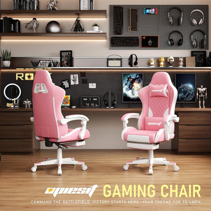 Gaming Chair,Ergonomic Computer Chairs for Adults with Footrest, PU Leather Office Chair with Adjustable Lumbar Support & Pocket Spring Cushion - Heavy Duty 400lb Capacity Gamer Chair (Pink)
