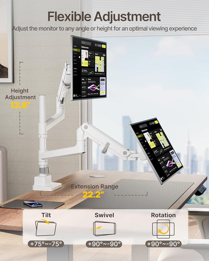 monTEK Dual Monitor Arm for up to 57" and 59.4 lbs Ultrawide Screen, Aluminum Heavy-Duty Gas Spring Vertical Stackable Curved Screen Adjustable Monitor Stand, 75/100mm Vesa Mount, White