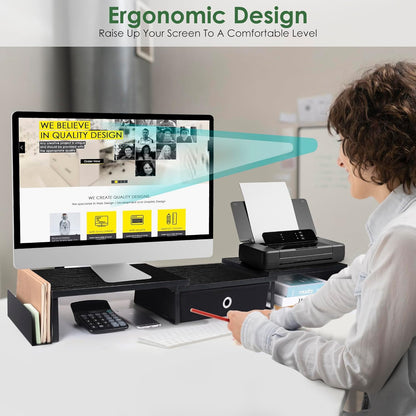 Dual Monitor Stand Riser w/ Drawer & Metal Leg, Large Computer Monitor Riser w/ Storage For 2 Monitors, Desk Shelf For Monitor w/ Adjustable Length & Angle, Desktop Organizer For Laptop/TV/Printer
