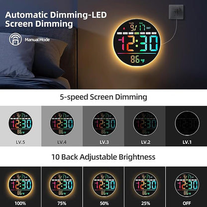 Digital Wall Clock, 8'' Round Digital Clock with Large Display, 11RGB Colors,Remote Control, Auto-Brightness,Temperature,DST,Night Light, Alarm, Count Down Timer for Classroom/Bedroom/Office