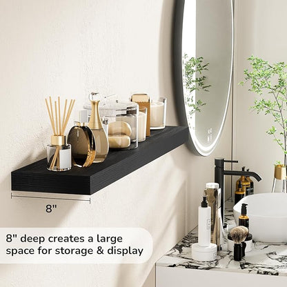 Fun Memories 36 Inch Floating Shelves - Deep Rustic Black Wooden Wall Shelves - Extra Deeper & Thicker Wall Mounted Storage Shelf for Bedroom, Kitchen, Farmhouse - 2 Pack, Rustic Black