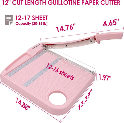 Paper Cutter Trimmer for Office&Crafts, Heavy Duty Guillotine Paper Trimmer with Portable Base Design/Safety Protection and Blade Lock, Paper Cutter 12 Sheets, Cardstock/Laminate (Pink)