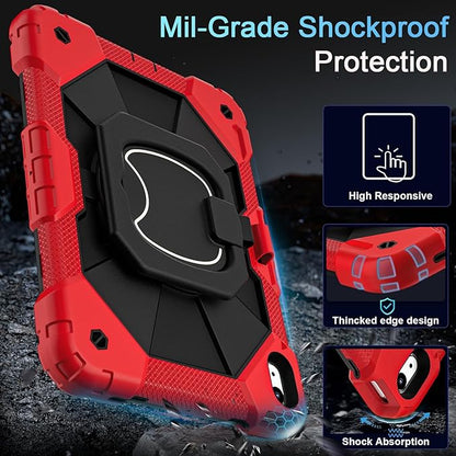 Case for iPad (A16) 11th Generation 11 Inch (2025) /iPad 10th Generation 10.9 Inch (2022) with Screen Protector,Military Grade Shockproof 10th Gen i Pad Case with Rotatable Stand,Red Black