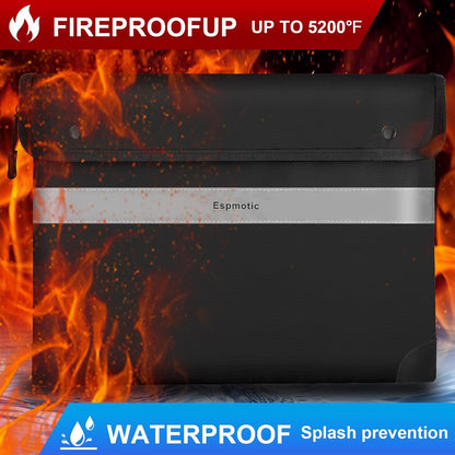 Fireproof Document Bag – 5200°F Heat-Resistant, 14.2" x 10.6" Waterproof Money Pouch with 8-Layer Protection, Zipper and Snap Closure, Reflective Strip for Quick Access, Black