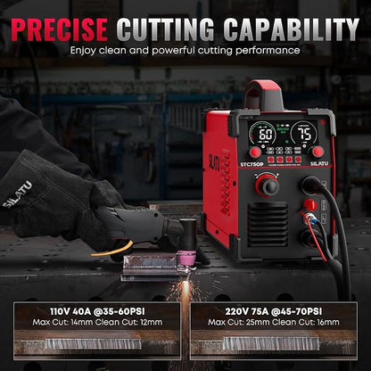 SILATU Plasma Cutter, 75Amps HF Non-Touch Pilot Arc Plasma Cutter Machine, 110/220V Dual Voltage Large LED Display Air Sensor Technology, 5/8'' Clean Cut 1'' Max Cut, PT/2T/4T for Beginners DIY (Red)