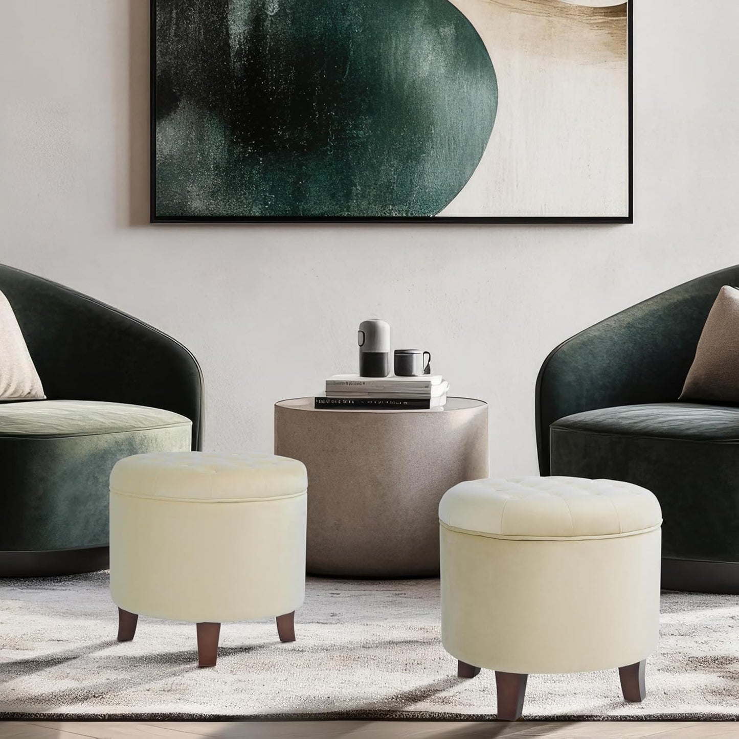 Homepop Home Decor | Upholstered Round Velvet Tufted Foot Rest Ottoman | Ottoman with Storage for Living Room & Bedroom | Decorative Home Furniture, Cream