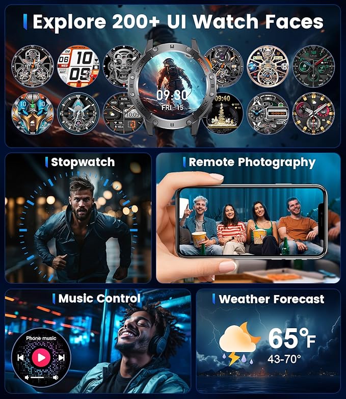 LIGE 1.43" AMOLED Smart Watch for Men with Flashlight, Bluetooth Calling, 100+ Sport Modes, 530mAh, IP68 Waterproof Fitness Tracker for Workout, iOS Android Compatible, Black Steel