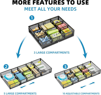 Marbrasse Expandable Desk Drawer Organizer, Mesh Drawer Organizer Tray with 10 Adjustable Compartments, Desk Organizers and Accessories for Office Supplies (Longer Expandable Drawer Organizer-B)