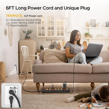 CRST 8 Outlet Heavy Duty Power Strip with Individual Switches, 15A/1875W Metal Power Strip Surge Protector with Circuit Breaker (1200 Joules), 6 FT 14AWG Extension Cord and Mounting Bracket