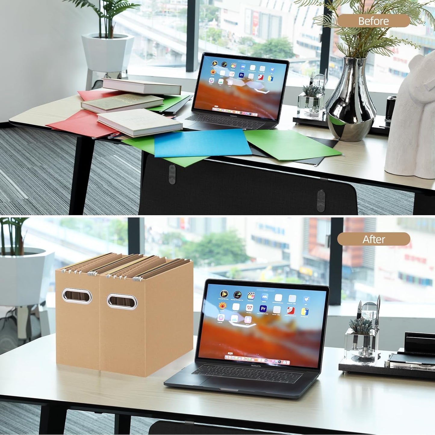Oterri File Organizer, 8 Packs Small Storage Box, Cardboard File Folder Organizer, Collapsible File Box for Hanging File Folders Letter Size, Portable Filing Organizer with Handle (Brown)