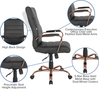 Flash Furniture Whitney High-Back Swivel LeatherSoft Desk Chair with Padded Seat and Armrests, Adjustable Height Padded Office Chair, Black/Rose Gold