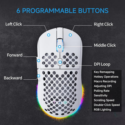 TMKB Falcon M1 Wireless Gaming Mouse, 24000DPI Optical Sensor, 180Hrs Battery, Lightweight, 6 Programmable Buttons, RGB Strip, 2.4G/BT5.2/USB-C Wired for PC/Mac/Laptop - Matte White