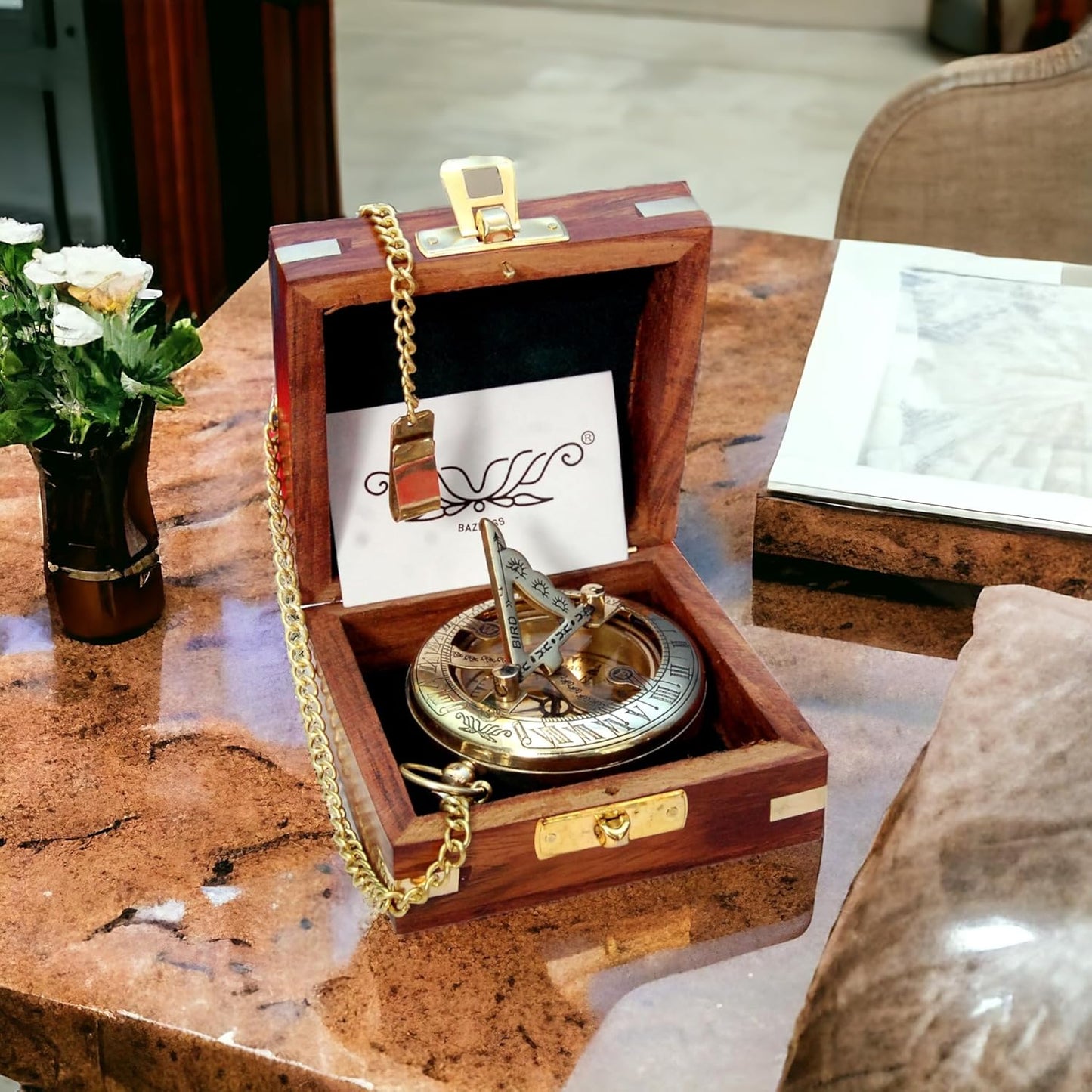Vintage Brass Sundial Compass with Wooden Box - Antique Brass & Copper Sun Clock for Camping, Hiking, Touring - Engraved Gift for Him - Nautical Ship Replica Watch - Sundial Clock in Box