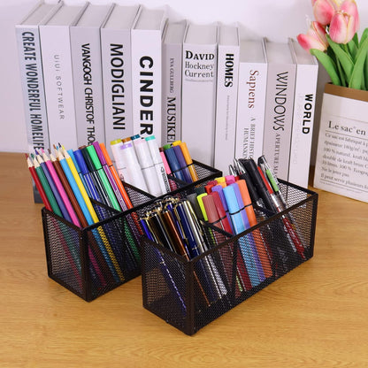 2PCS Black Mesh Pen Pencil Holder, Metal Desk Organizer Desktop Stationery Office Supplies Acessories Storage Stand, 4 Compartments Brushes Holder for Home School Classroom Teachers