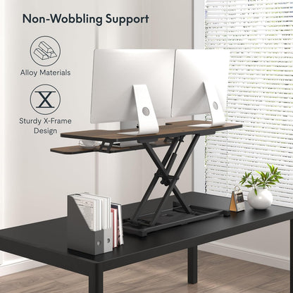 FLXISPOT 42" Standing Desk Converter Sit to Stand up Riser Height Adjustable Monitor and Laptop Workstation with Spacious 2-Tier Desktop, Walnut Color