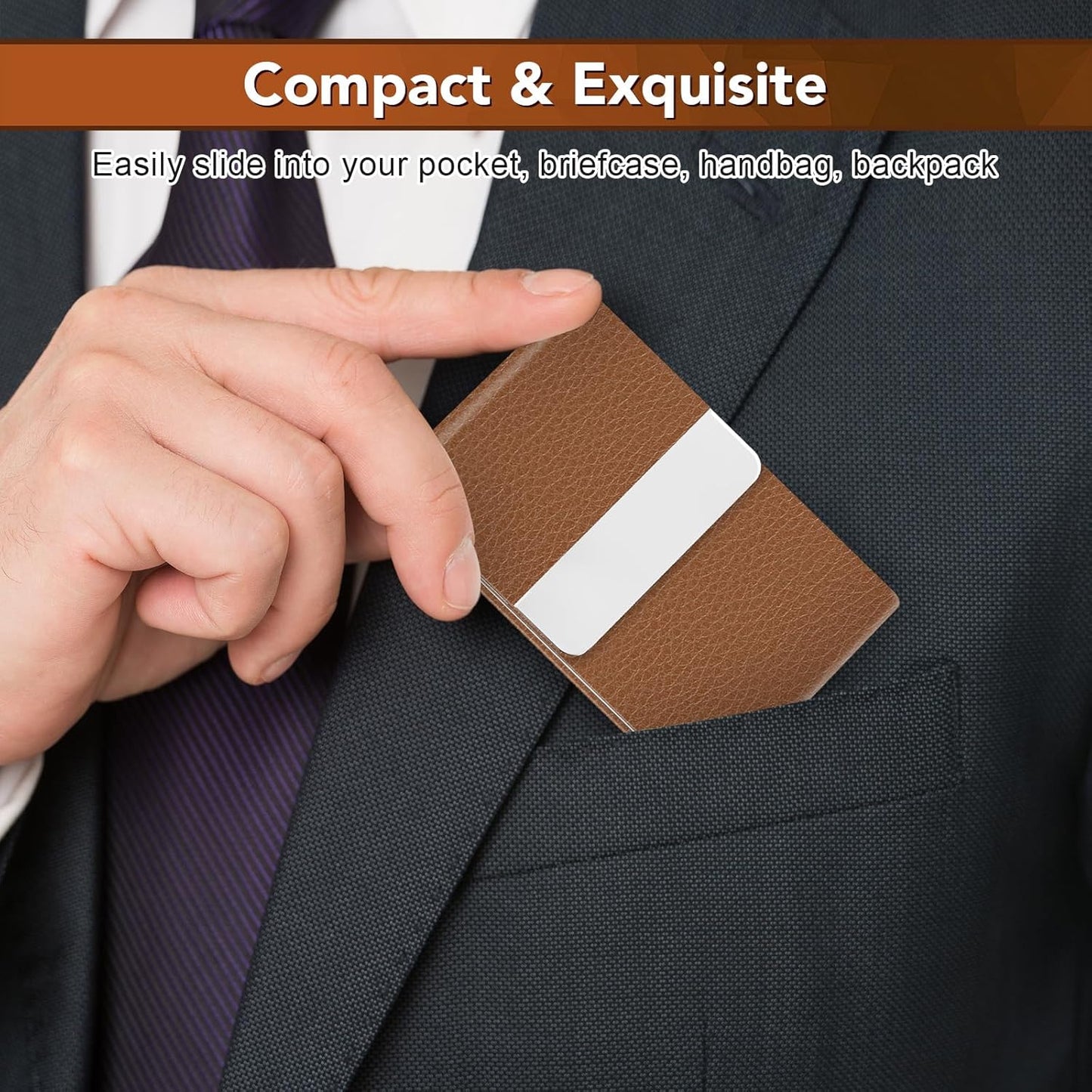 Business Card Holder with Ultra Slim Design, Business Card Case with Premium PU Leather, Suit Pocket Metal Card Holder for Women/Men, Magnetic Closure Quick Access Cards