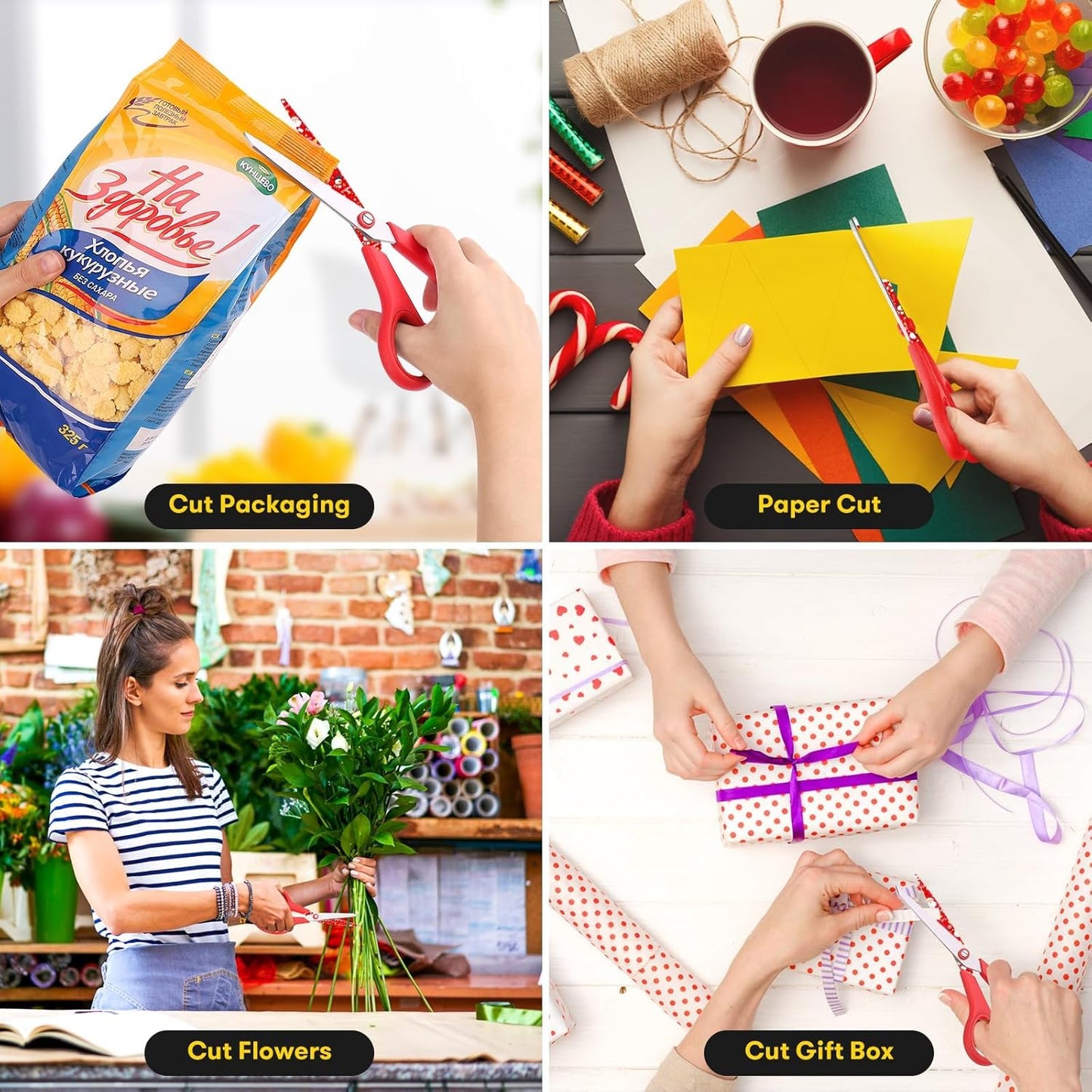 iBayam All Purpose Scissors for Construction Scrapbook Kraft Craft Paper, Gifts Wrapping Packing Paper Cutter Tool, 3 Pack Ultra Sharp 8" Thick Blade Comfort-Grip Scissors for Moving Package Supplies