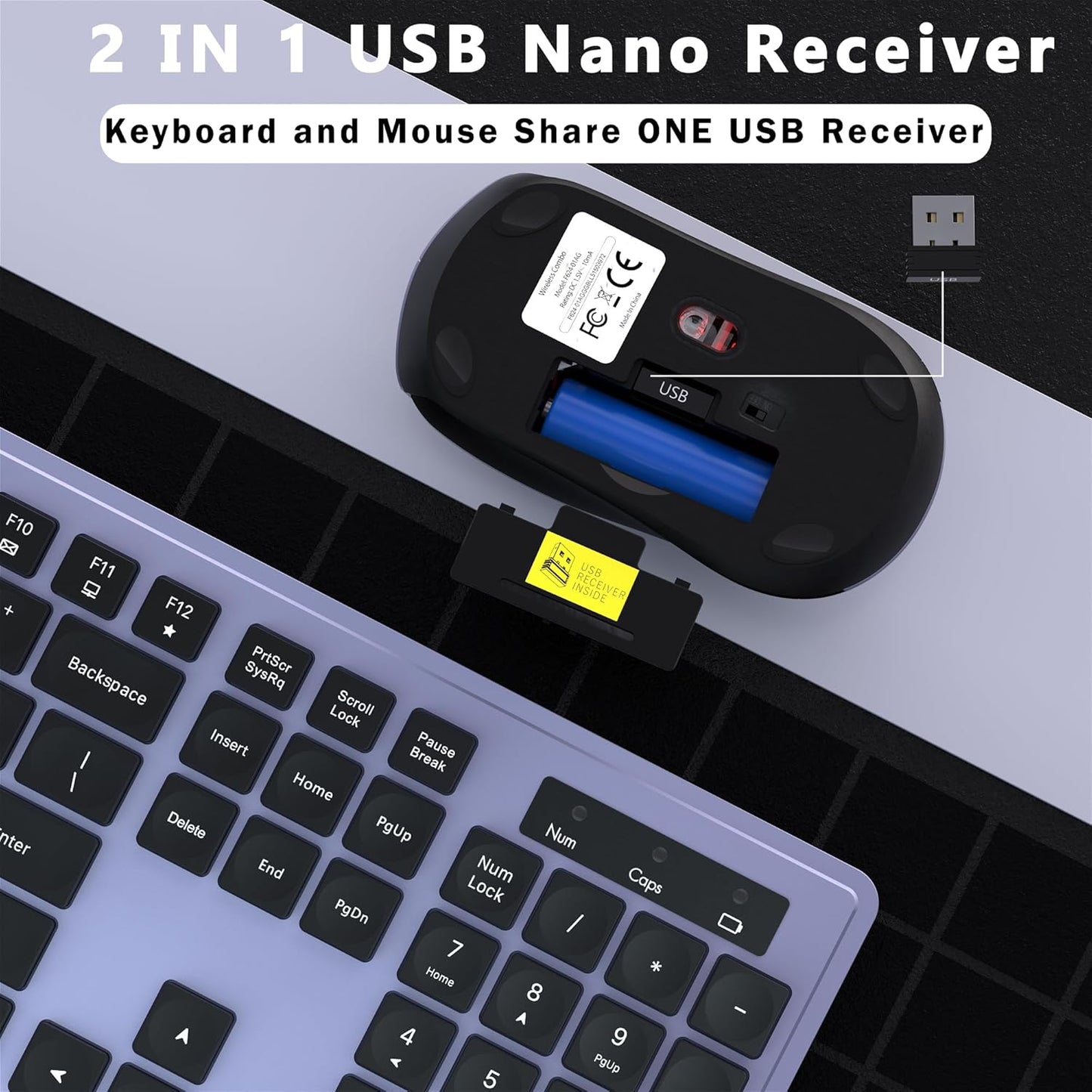 Wireless Keyboard and Mouse Combo, COVEVA 2.4GHz Wireless Keyboard Mouse with USB Receiver, Water-Dropping Keycaps, 104 Keys Full Size with Number Pad for PC Laptop Computer Desktop(Black Purple)