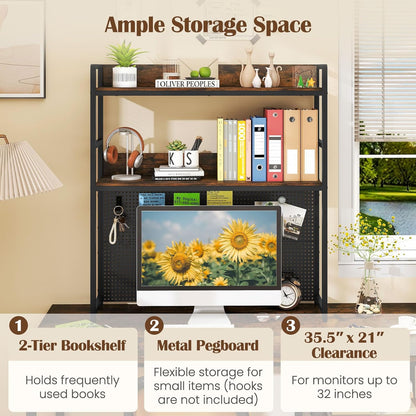 Giantex Desktop Bookshelf, 2-Tier Desk Hutch Dorm with Pegboard for up to 32" Computer Monitor, Industrial Countertop Storage Organizer Rack, Desk Shelf for Home Office, Rustic Brown