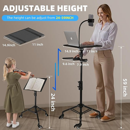 Projector Stand Tripod – 24 to 59 Inch Adjustable Height – Dual Shelves Laptop Tripod Stand with Moveable Wheels and Phone Holder, Portable Laptop Stand for Office, Stage & Outdoor Use