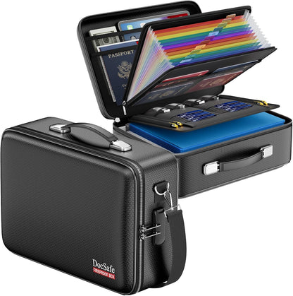 DocSafe Fireproof Document Box with Lock, Hard Case File Organizer with Accordion File Folder, Fireproof Water Resistant Safe Box Home Office Travel Storage for Important Documents Laptop Black