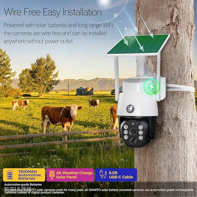 xmartO 4MP QHD Wireless PTZ Solar Security Camera Outdoor/Indoor for Homes, WiFi 6 5G Dual Band, Wire-Free Easy Installation, No Monthly Fee (Wall/Ceiling/Corner/Tree/Pole Mount, SDK4034 2-Pack)