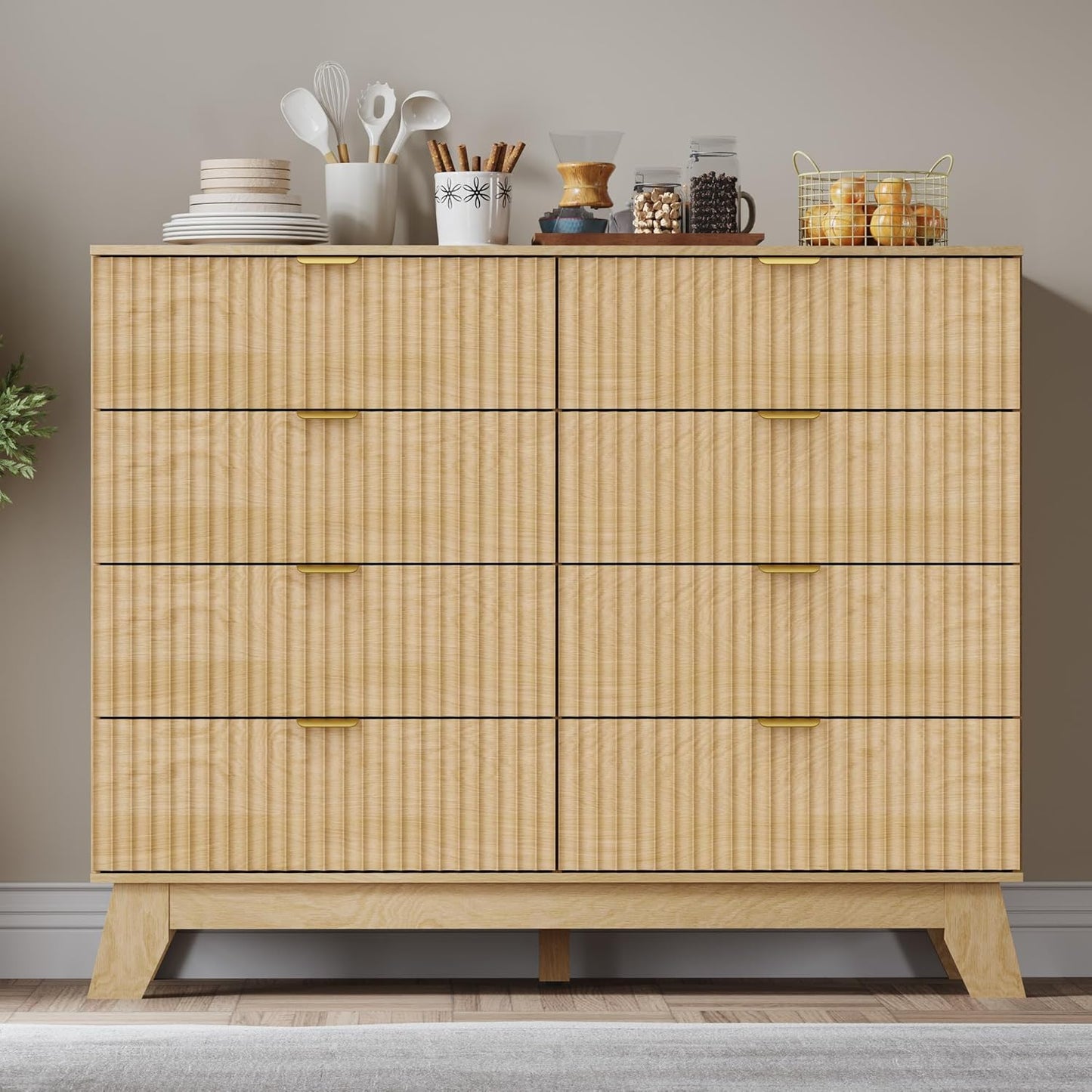 Fluted 8 Drawer Tall Dresser, 47.2" Wide Modern Boho Chest of Drawers, Wooden Storage Dresser TV Stand for Bedroom, Living Room, Closet, Hallway, Curved Profile Design