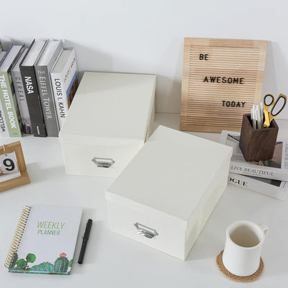Soul & Lane Decorative Cardboard Storage Boxes with Lids, Set of 2 Stacking Keepsake Photo and Memory Boxes for Home & Office, Paperboard Organizers with Label Holders and Drawer Pulls, Cream White
