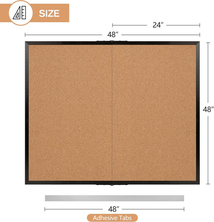 Board2by Extra Large Cork Bulletin Board 48" X 48", Foldable Notice Pin Board for Wall, Black Wood Framed 4'x4' Corkboard, Wall Mounted Noticeboard with 32 Push Pins for School, Home & Office