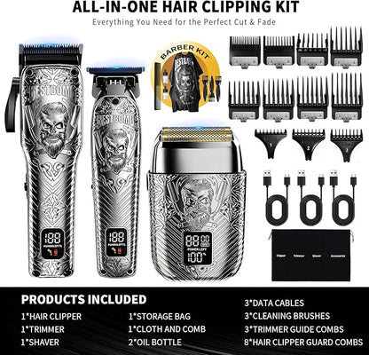 BESTBOMG Professional Cordless Mens Hair Clippers & Beard Trimmer and Electric Shavers Kits & Sets,Metal Hair Clippers Cutting Grooming Kit with Long Battery Life for Family Barber Use (Gray)