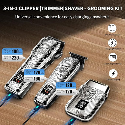 BESTBOMG Professional Cordless Mens Hair Clippers & Beard Trimmer and Electric Shavers Kits & Sets,Metal Hair Clippers Cutting Grooming Kit with Long Battery Life for Family Barber Use (Gray)