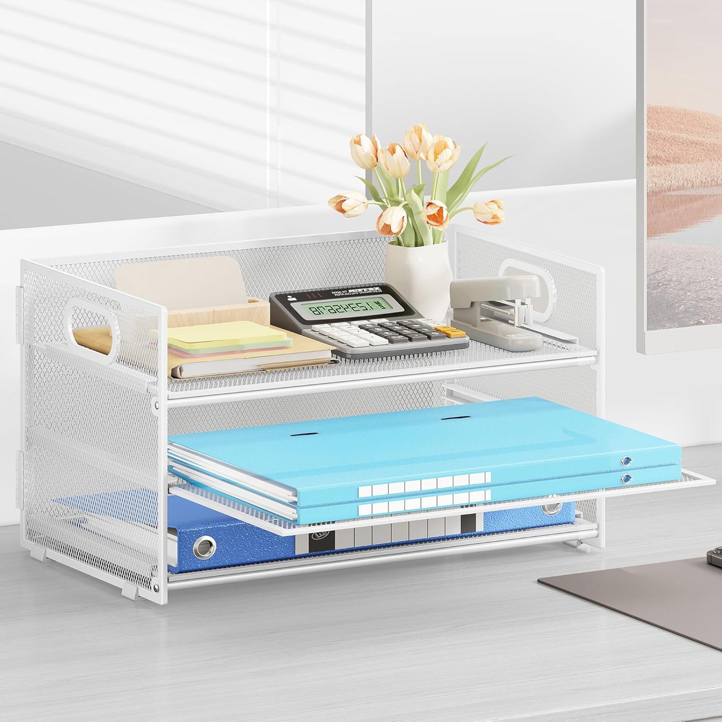 Subekyu 3 Tier Letter Tray Paper Organizer with Handle, 1 PC Sliding Tray, White Metal Mesh Desk File Folder Paper Sorter Organizer for Home Office School Desk Supplies Organization Storage