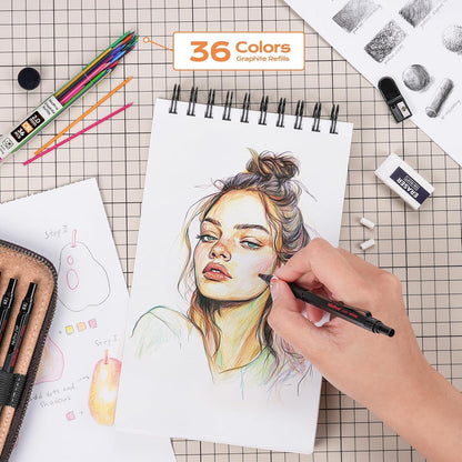 Nicpro 33PCS Black Metal Mechanical Pencil Set in Leather Case, Art Drafting Pencil 0.3, 0.5, 0.7, 0.9 mm, 2mm Lead Holders for Sketching Drawing with 18 Tube (6B 4B 2B HB 2H 4H Colors) Lead Refills
