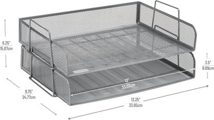 Mind Reader Stackable Paper Tray, Desktop Organizer, File Storage, Office, Metal Mesh, 13.25" L x 9.75" W x 6.25" H, 2 Pcs., Silver