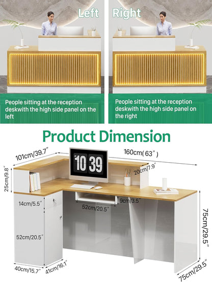 L Shaped Reception Desk, Solid Wood Front Desk with Counter & Lockable Drawers, Retail Checkout Customer 2 Person Secretary Desks for Home Office Lobby Store (63in,Right)