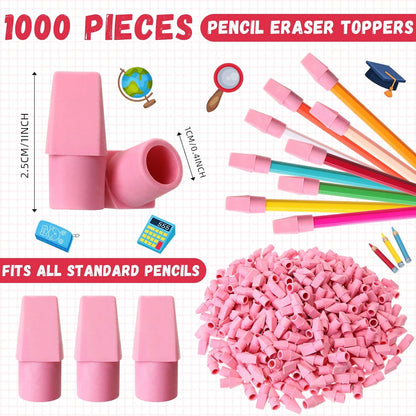 Crtiin 1000 Pcs Pencil Top Erasers Bulk Caps for Pencils Chisel Shape Erasers Toppers Classroom Party Favors Games Prizes Funny Pencil Eraser Cap for Kids Studying Supplies Home Office(Pink)