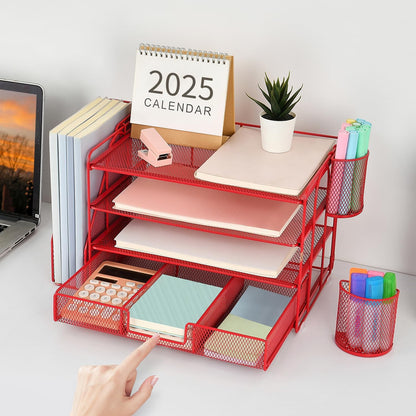 gianotter Paper Letter Tray Organizer with File Holder, 4-Tier Desk Accessories & Workspace Organizers with Drawer and 2 Pen Holder, Desk Organizers and Accessories for Office Supplies (Red)