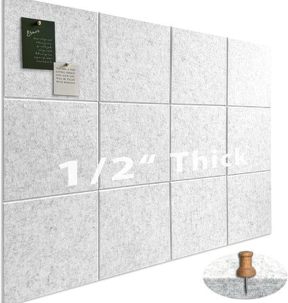 Large Cork Board for Office Wall Decor,48"x36"-12 Pack Felt Wall Tiles with Safe Removable Adhesive Tabs, 1/2" Thick, Felt Bulletin Board Pin Board Cork Boards for Walls - Light Grey